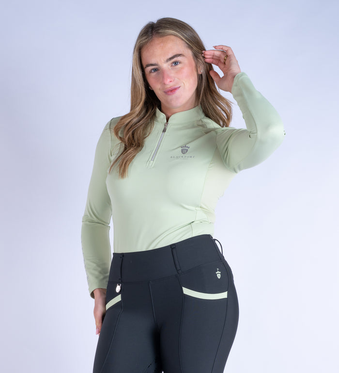 Blackfort Equestrian women's short sleeve sand cool mesh base layer silver zip and detailing