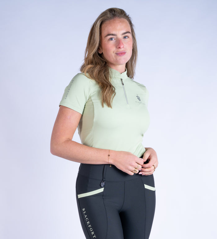 Blackfort Equestrian women's short sleeve matcha green cool mesh base layer silver zip and detailing