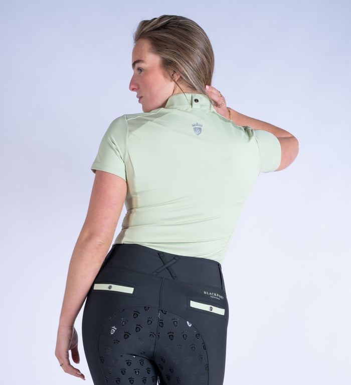 Blackfort Equestrian women's short sleeve matcha green cool mesh base layer silver zip and detailing