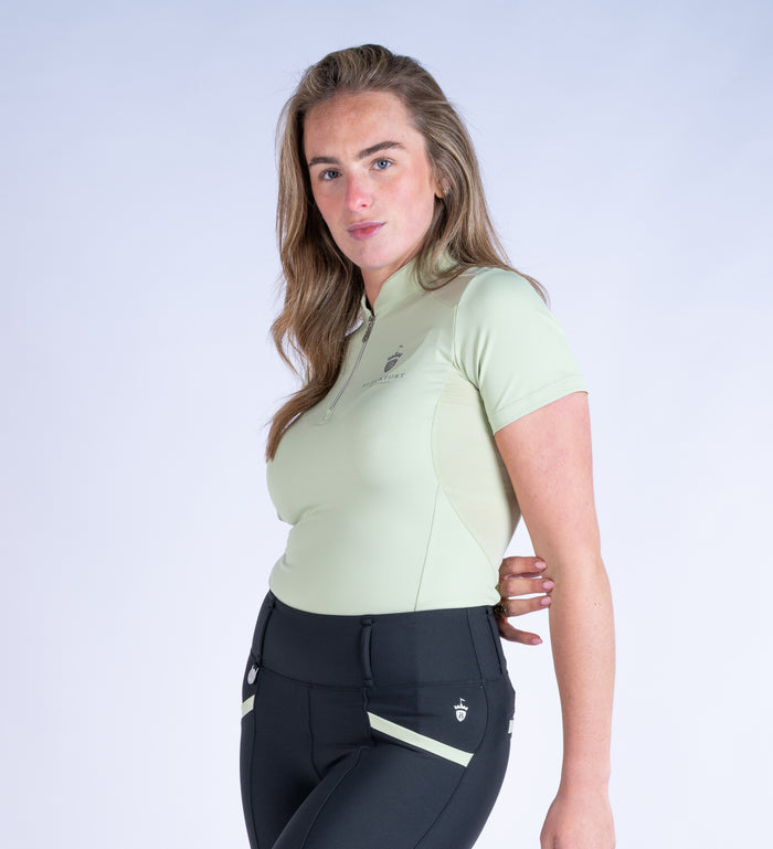 Blackfort Equestrian women's short sleeve matcha green cool mesh base layer silver zip and detailing