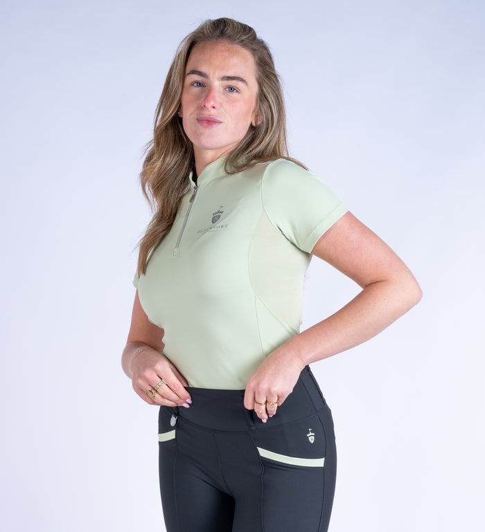 Blackfort Equestrian women's short sleeve matcha green cool mesh base layer silver zip and detailing
