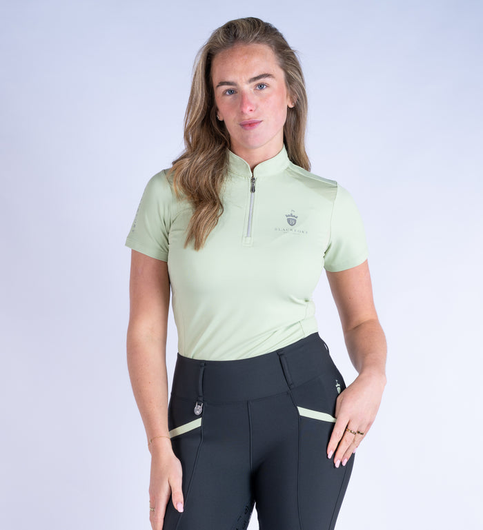 Blackfort Equestrian women's short sleeve matcha green cool mesh base layer silver zip and detailing
