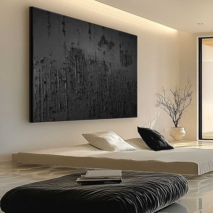 Large Black Textured Wall Art - Handmade Minimalist Painting for Modern Living Room or Bedroom Decor - Midnight - Hues Art Lab