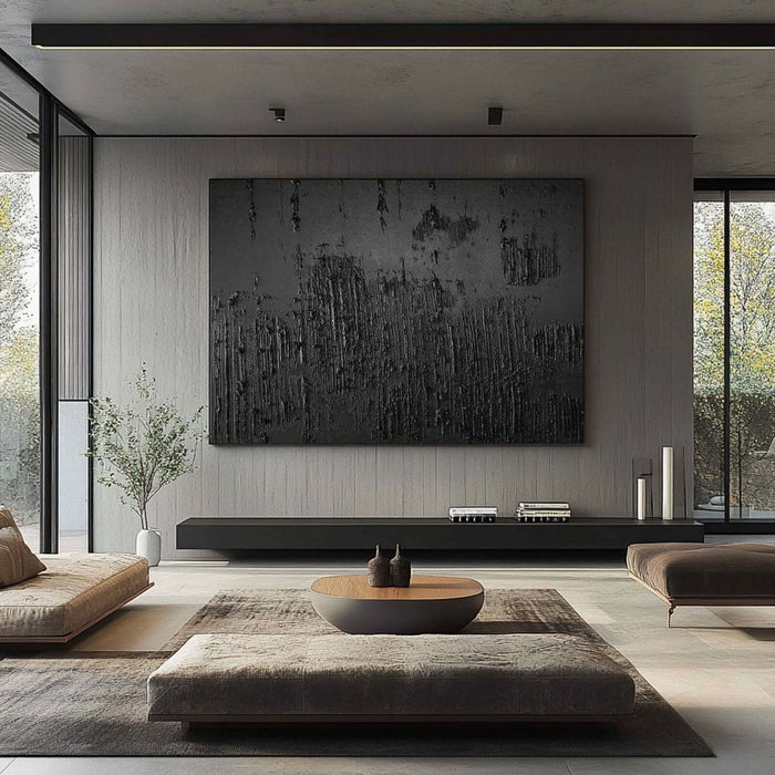 Large Black Textured Wall Art - Handmade Minimalist Painting for Modern Living Room or Bedroom Decor - Midnight - Hues Art Lab