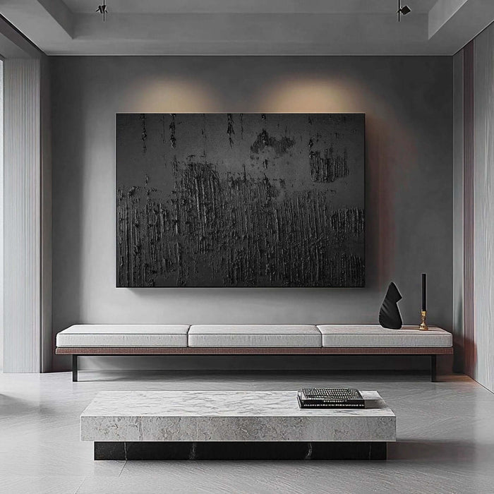 Large Black Textured Wall Art - Handmade Minimalist Painting for Modern Living Room or Bedroom Decor - Midnight - Hues Art Lab