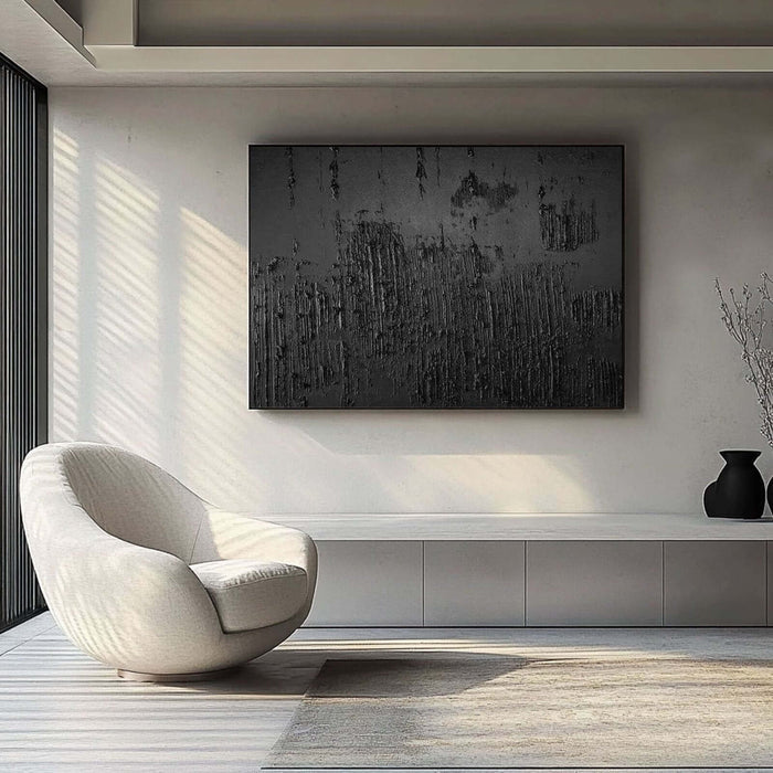 Large Black Textured Wall Art - Handmade Minimalist Painting for Modern Living Room or Bedroom Decor - Midnight - Hues Art Lab