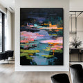 Midnight Reverie of the Lily Pond large abstract lake landscape oil painting by Hues Art Lab