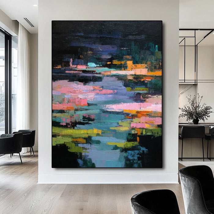 Midnight Reverie of the Lily Pond large abstract lake landscape oil painting by Hues Art Lab