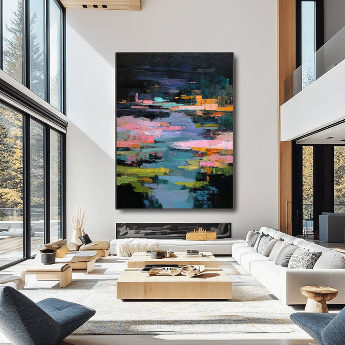 Midnight Reverie of the Lily Pond framed canvas print in a serene bedroom