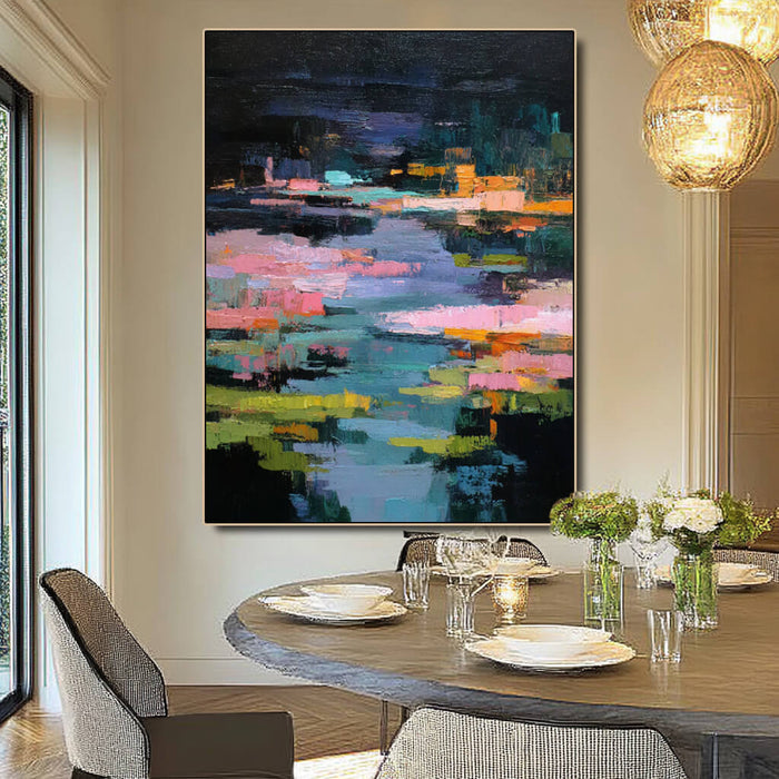 Midnight Reverie of the Lily Pond abstract lily pond painting with deep night palette