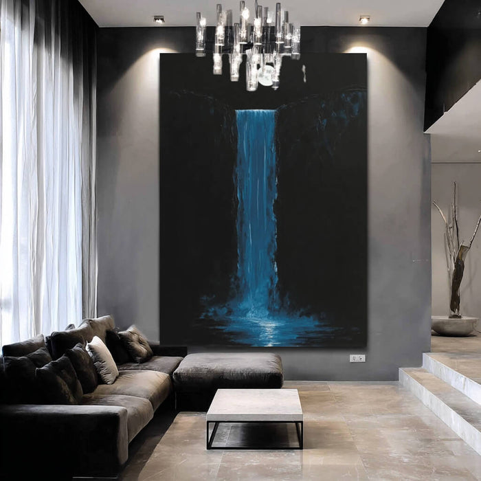 Milky Way Under the Moon I modern deep blue waterfall oil painting by Hues Art Lab