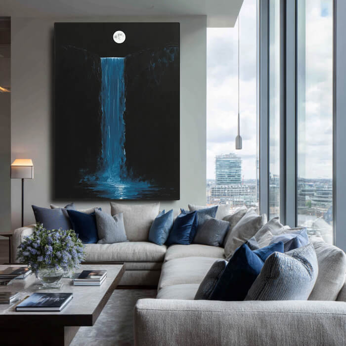 Milky Way Under the Moon I contemporary blue landscape artwork for living room