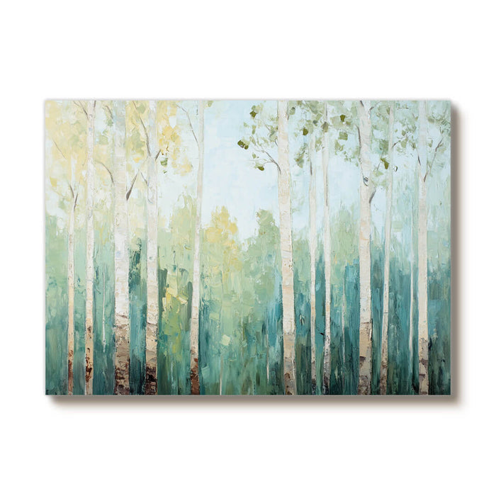 Large Tree Wall Decor - Textured Vertical Forest Painting for Living Room - Morning in the Grove - Hues Art Lab