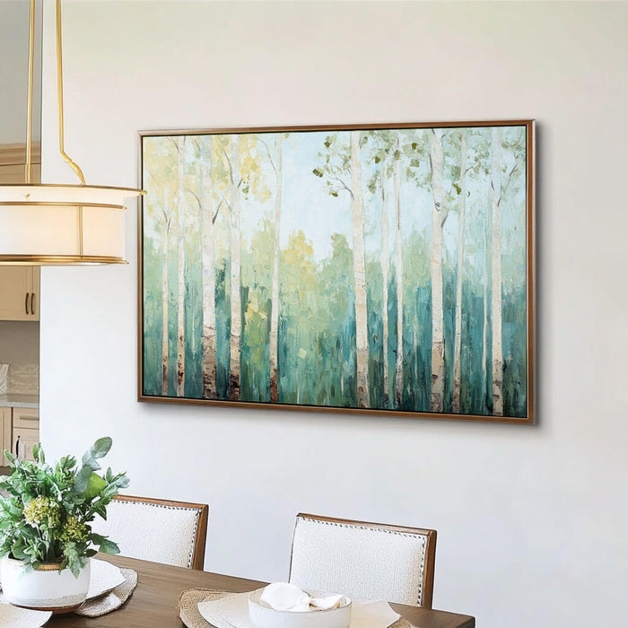 Large Tree Wall Decor - Textured Vertical Forest Painting for Living Room - Morning in the Grove - Hues Art Lab