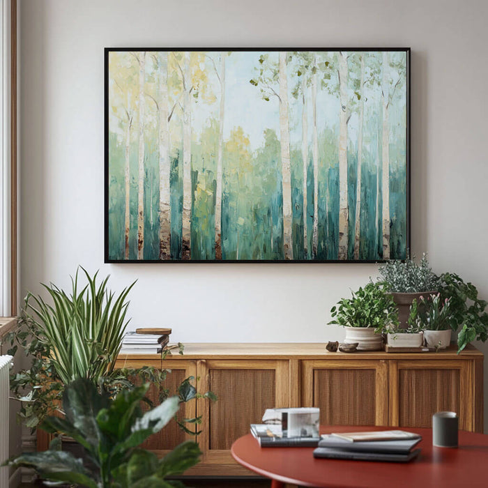Large Tree Wall Decor - Textured Vertical Forest Painting for Living Room - Morning in the Grove - Hues Art Lab