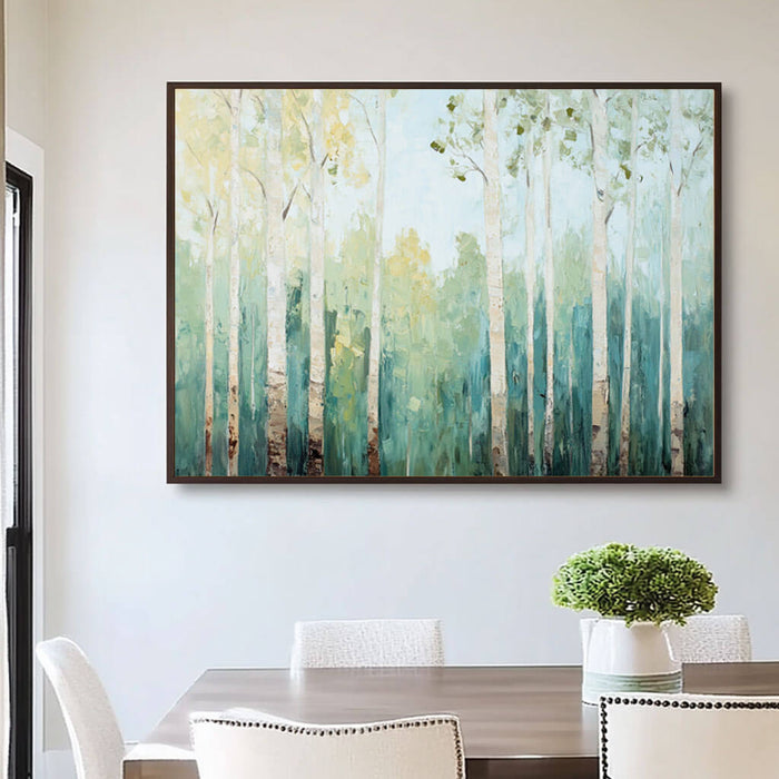 Large Tree Wall Decor - Textured Vertical Forest Painting for Living Room - Morning in the Grove - Hues Art Lab
