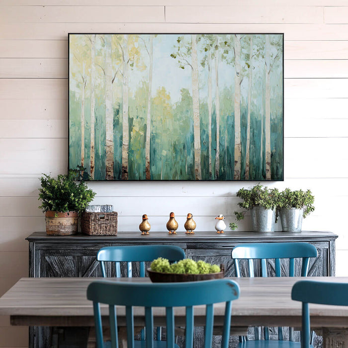 Large Tree Wall Decor - Textured Vertical Forest Painting for Living Room - Morning in the Grove - Hues Art Lab