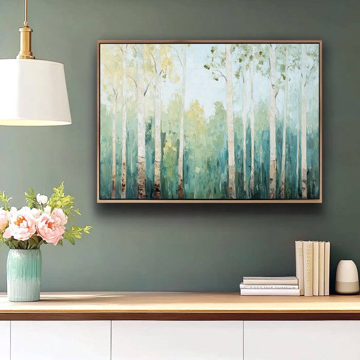 Large Tree Wall Decor - Textured Vertical Forest Painting for Living Room - Morning in the Grove - Hues Art Lab