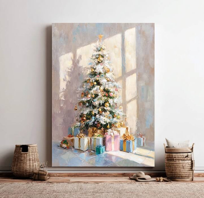 Morning of Christmas hand-painted Christmas tree oil painting by Hues Art Lab