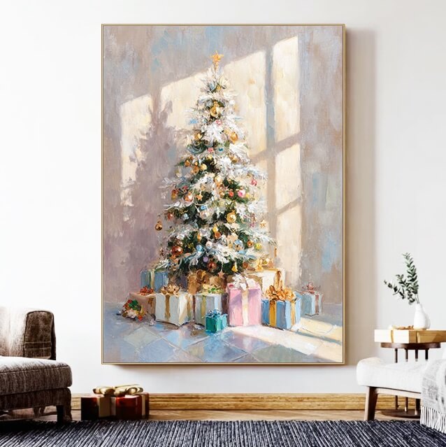 Morning of Christmas close-up of hand painted tree and oil texture