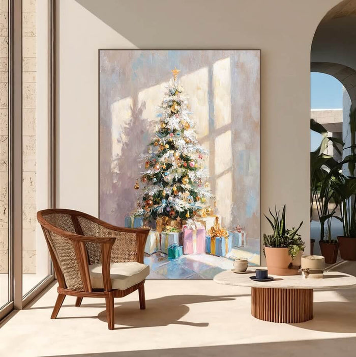 Morning of Christmas framed holiday canvas print in a bright room