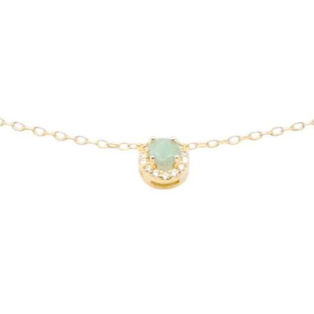 Natural Emerald Halo Necklace Gold Plated Sterling Silver Delicate Emerald Pendant
