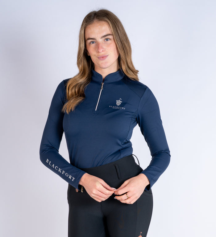 Women's Blackfort Equestrian navy long sleeve cool mesh base layer silver  detailing and zip