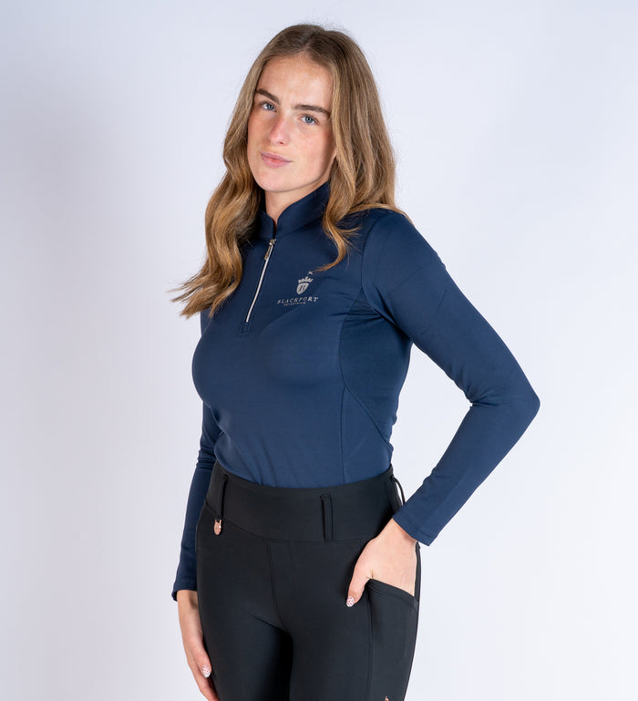 Women's Blackfort Equestrian navy long sleeve cool mesh base layer silver  detailing and zip