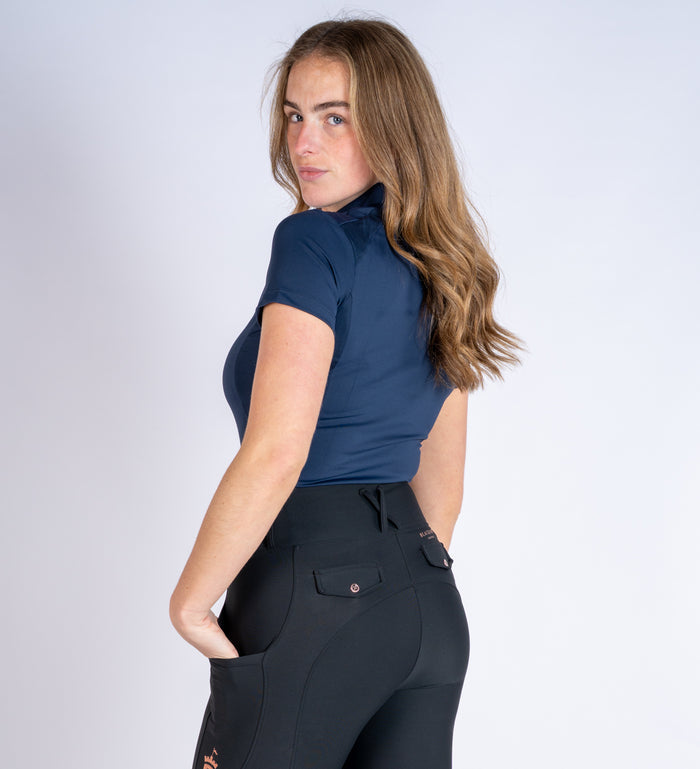 Women's Blackfort Equestrian navy short sleeve cool mesh base layer silver gold detailing and zip