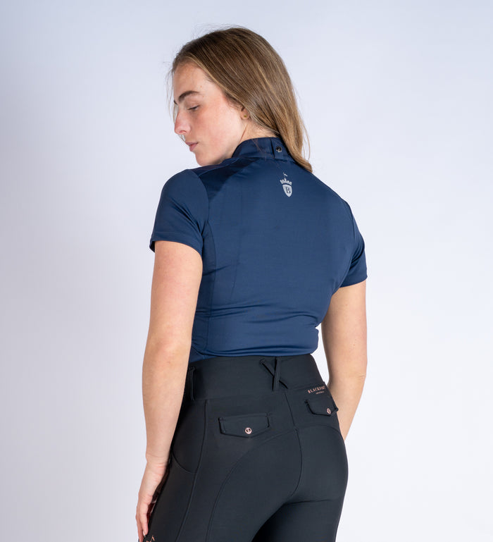 Women's Blackfort Equestrian navy short sleeve cool mesh base layer silver gold detailing and zip