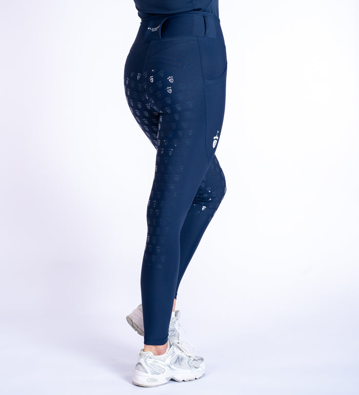 Women's Blackfort Equestrian navy summer riding tights leggings two deep phone pockets belt loops full silicone seat
