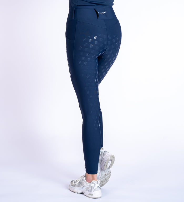Women's Blackfort Equestrian navy summer riding tights leggings two deep phone pockets belt loops full silicone seat