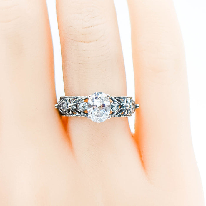 Nevada Silver Mine Cubic Zirconia Sterling Silver Floral Filigree Ring Size 6