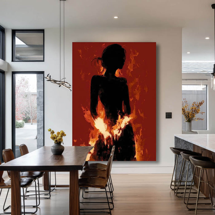 Nirvana I modern red fire female silhouette painting by Hues Art Lab
