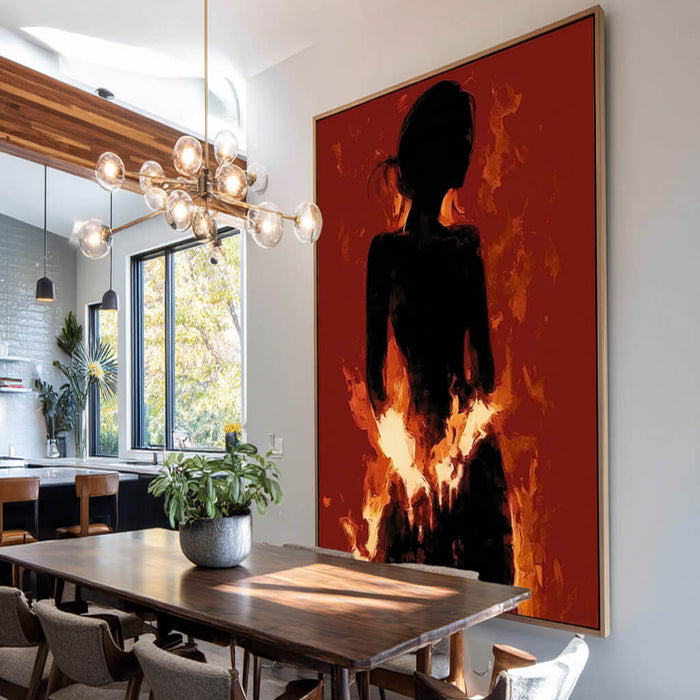 Nirvana I expressive red fire figure painting with warm movement