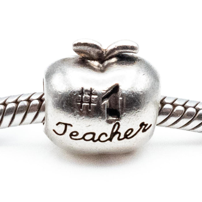 Number One Teacher Apple Charm Sterling Silver Bead