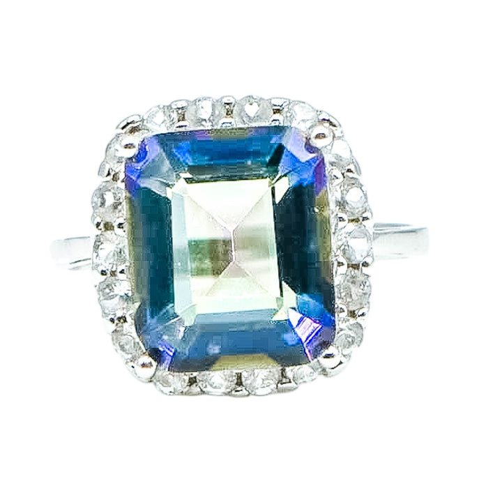 Ocean Mystic Topaz & White Topaz Halo Sterling Silver Ring Size 7