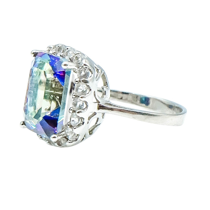 Ocean Mystic Topaz & White Topaz Halo Sterling Silver Ring Size 7