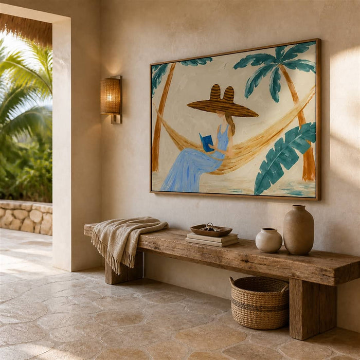 colorful palm tree and hammock wall art in a curated interior space
