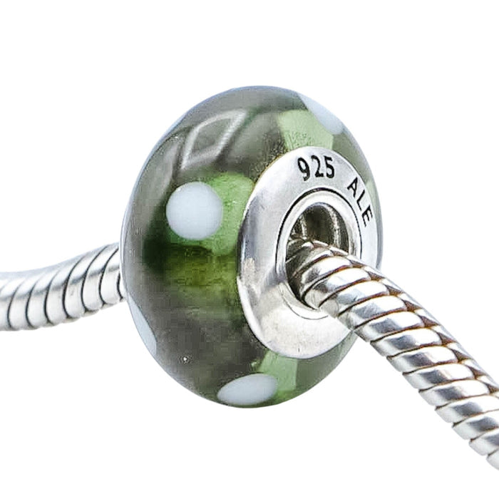 Pandora 'Black White Polka Dot' Green Murano Glass Charm Sterling Silver Retired