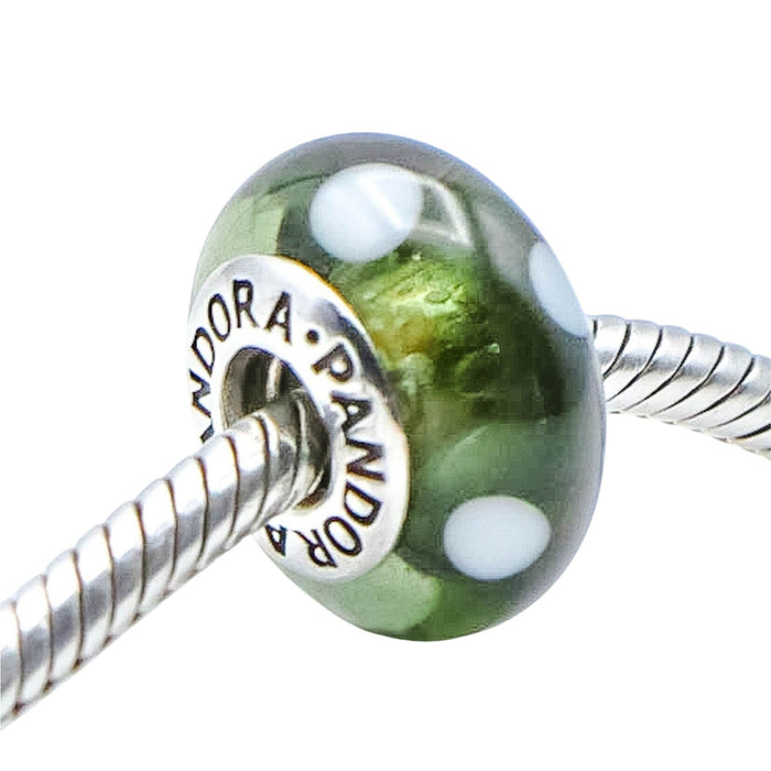 Pandora 'Black White Polka Dot' Green Murano Glass Charm Sterling Silver Retired