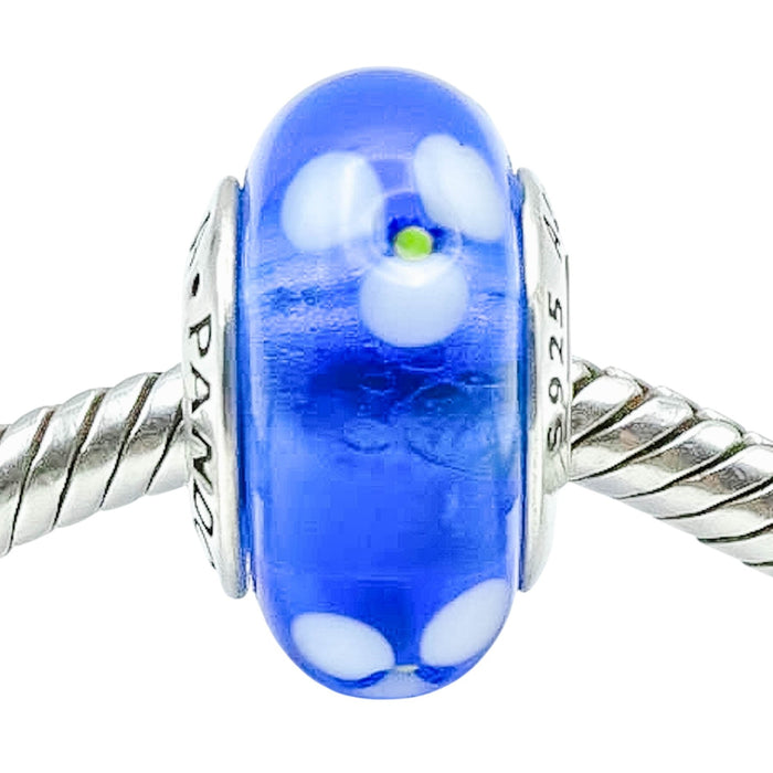 Pandora Blue Flowers Murano Glass Charm Sterling Silver Retired
