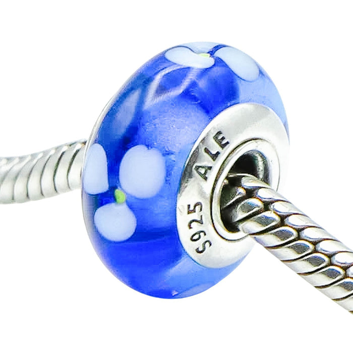 Pandora Blue Flowers Murano Glass Charm Sterling Silver Retired