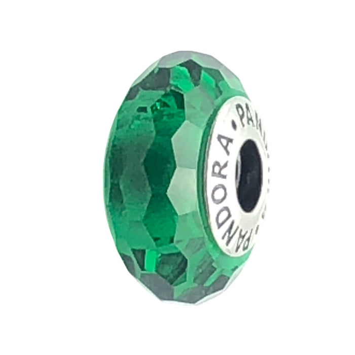 Pandora Emerald Green Faceted Glass Charm Bead Sterling Silver Retired