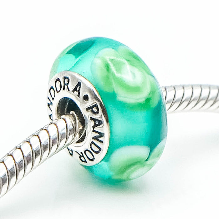 PANDORA Flowers For You Turquoise Green Murano Glass Sterling Silver Charm