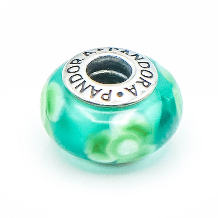 PANDORA Flowers For You Turquoise Green Murano Glass Sterling Silver Charm