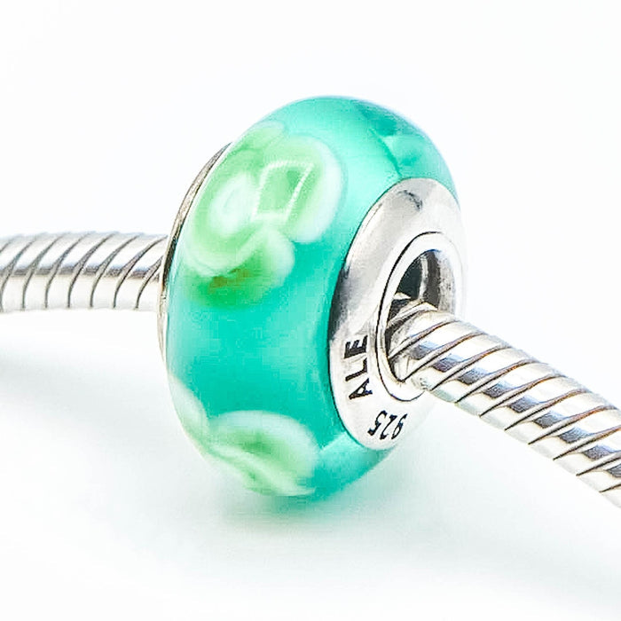 PANDORA Flowers For You Turquoise Green Murano Glass Sterling Silver Charm