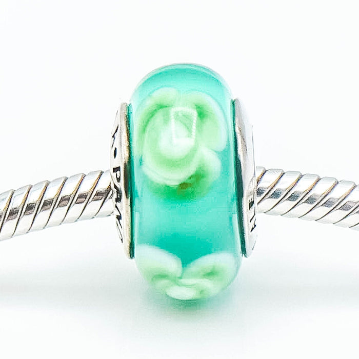 PANDORA Flowers For You Turquoise Green Murano Glass Sterling Silver Charm
