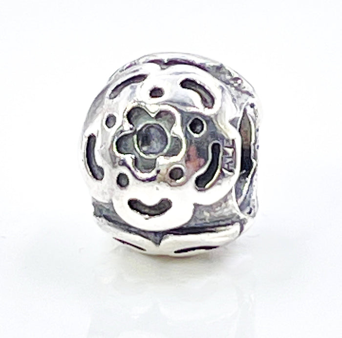 PANDORA Raised Flower Sterling Silver Charm With Salmon Zirconia