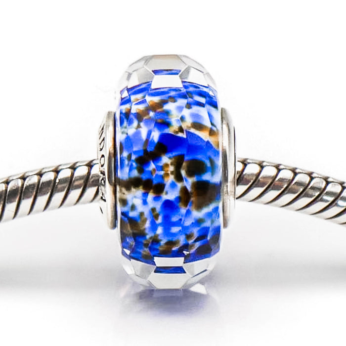 PANDORA RARE Deep Ocean Sea Glass Faceted Murano Glass Sterling Silver Charm